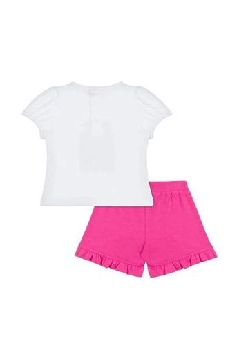 Moschino Bambina Completo Per Neonata T-shirt Bianca Con Stampa Teddy E Shorts Fucsia.
