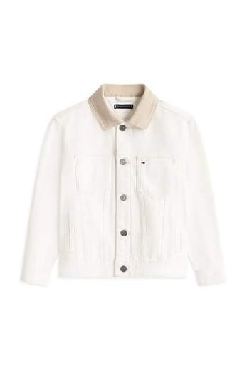 Tommy Hilfiger Bambino Giubbino In Jeans Bianco Con Colletto Beige Bandiera Posteriore.