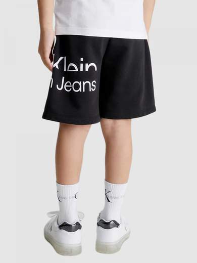 Calvin Klein Bambino Bermuda In Felpa Con Elastico In Vita,stampa Logo Nera.
