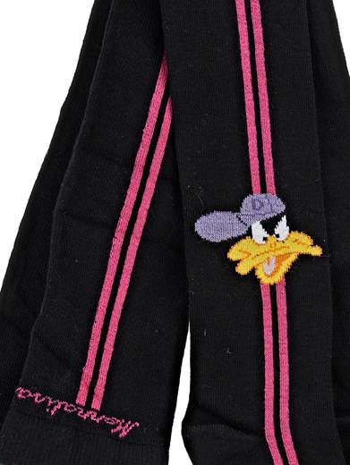 Monnalisa Bambina Collant Nero In Caldo Cotone Con Riga Fucsia.