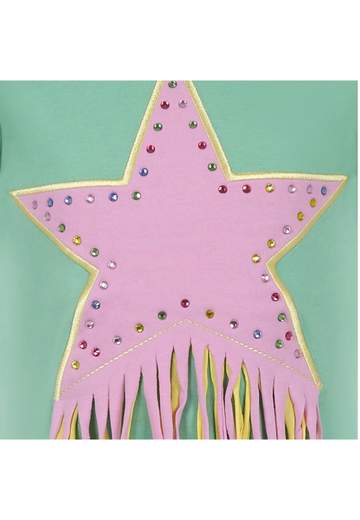 Stella Mc Cartney Bambina T-shirt Verde Con Stella Rosa E Frange.