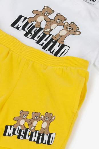 Moschino Bambino T-shirt Stampa Orsetti E Logo E Bermuda Gialla In Cotone.