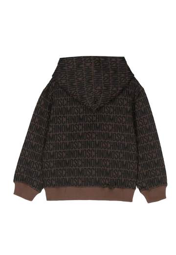 Moschino Bambino Felpa Marrone Con Cappuccio Logo Allover Nero.