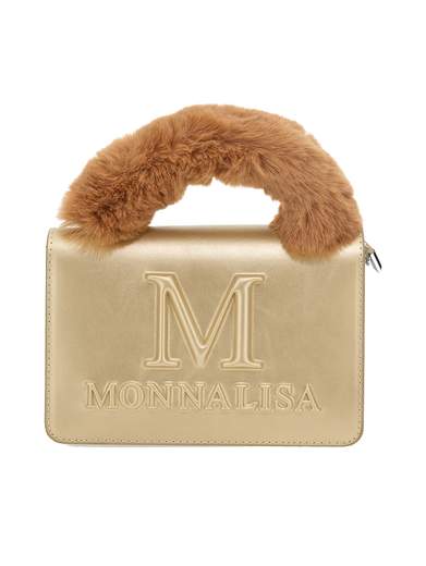 Monnalisa Bambina Borsa In Ecopelle Oro Con Logo,manico In Ecopelliccia.