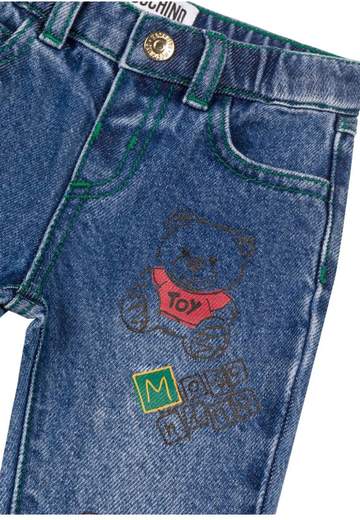 Moschino Bambino Jeans Per Neonato Con Cuciture Verdi E Stampe.
