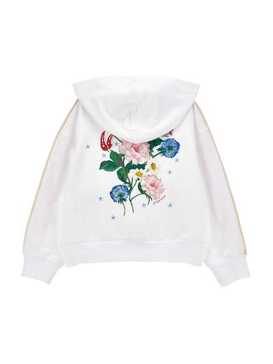 Monnalisa Bambina Felpa Bianca Con Cappuccio Stampa Fiori.