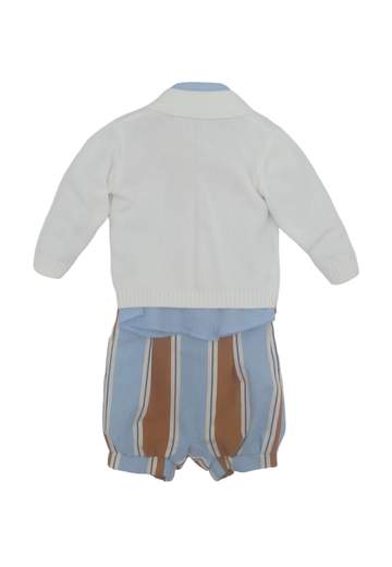 Colorichiari Neonato Completo Con Pagliacetto E Papillon A Righe,camicia Celeste,cardigan Bianco.