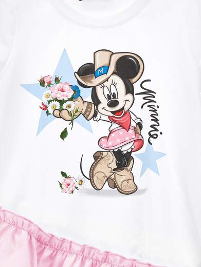 Monnalisa Bambina Abito In Jersey Con Gonna Rosa,stampa Topolino.