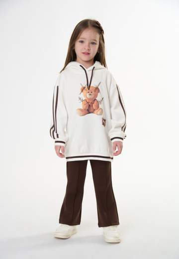Manila Grace Bambina Abito In Felpa Beige Con Cappuccio Stampa Teddy.