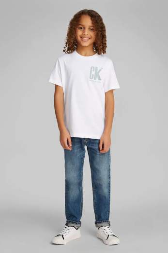 Calvin Klein Bambino T-shirt Bianca Per Ragazzo Con Stampa Logo Verde.