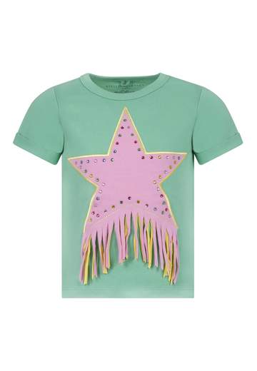 Stella Mc Cartney Bambina T-shirt Verde Con Stella Rosa E Frange.