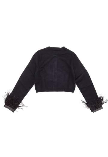 Elsy Bambina Cardigan Nero Con Bottoni E Piume Alle Maniche.