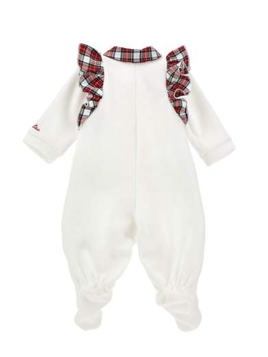 Monnalisa Neonata Tutina Panna In Ciniglia Con Tessuto Tartan.