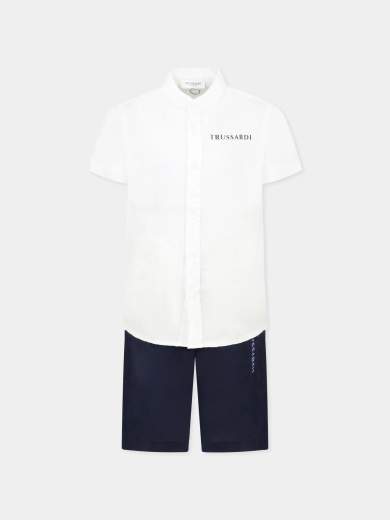 Trussardi Bambino Completo Con Camicia In Lino Con Collo Alla Coreana,e Bermuda Blu.