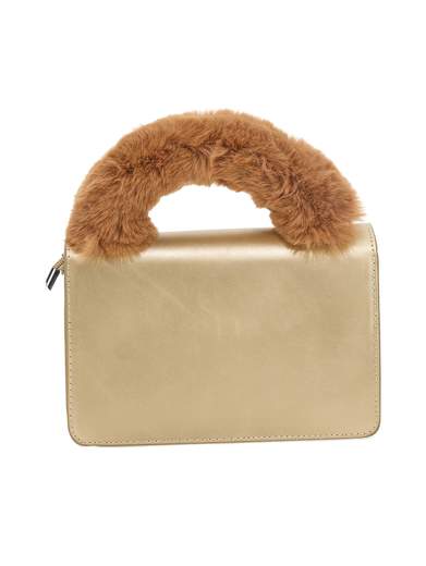 Monnalisa Bambina Borsa In Ecopelle Oro Con Logo,manico In Ecopelliccia.