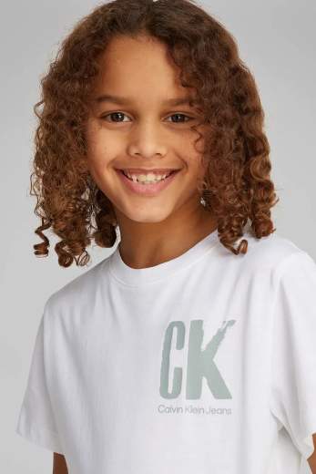 Calvin Klein Bambino T-shirt Bianca Per Ragazzo Con Stampa Logo Verde.