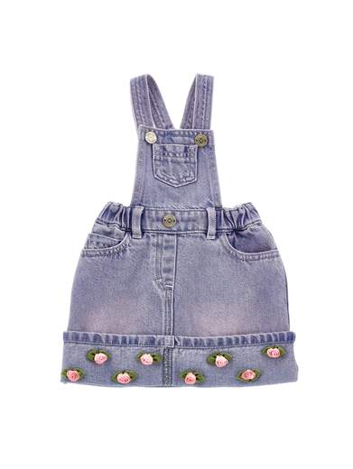 Monnalisa Bambina Salopette In Jeans Con Sfumatura Rosa E Applicazione Rose.