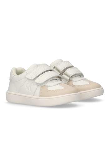 Calvin Klein Bambino Sneakers Bianca Con Velcro E Tessuto Beige.