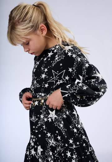 Elsy Bambina Abito Nero Stampa Stelle E Catena Oro Con Stelle.