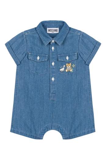 Moschino Neonato Tutina Per Neonato In Denim Con Taschini E Stampa Orsetto.