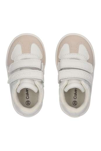Calvin Klein Bambino Sneakers Bianca Con Velcro E Tessuto Beige.
