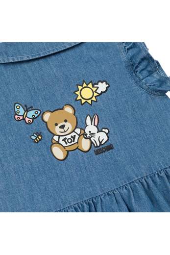 Moschino Bambina Abito Per Neonata In Jeans Con Stampa Logo E Teddy.