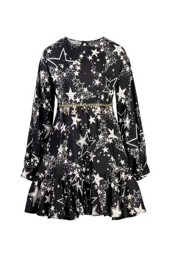 Elsy Bambina Abito Nero Stampa Stelle E Catena Oro Con Stelle.