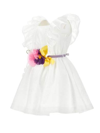 Monnalisa Bambina Abito Bianco Tessuto Ricamato Con Cintura Fiori.
