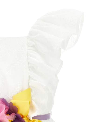 Monnalisa Bambina Abito Bianco Tessuto Ricamato Con Cintura Fiori.