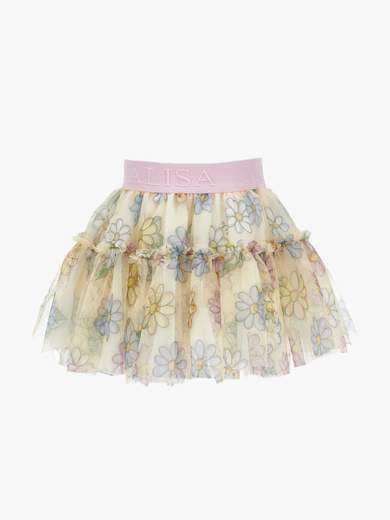 Monnalisa Bambina Gonna In Tulle Con Stampa Fiori Ed Elastico In Vita.