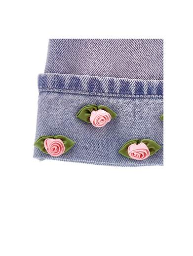 Monnalisa Bambina Salopette In Jeans Con Sfumatura Rosa E Applicazione Rose.