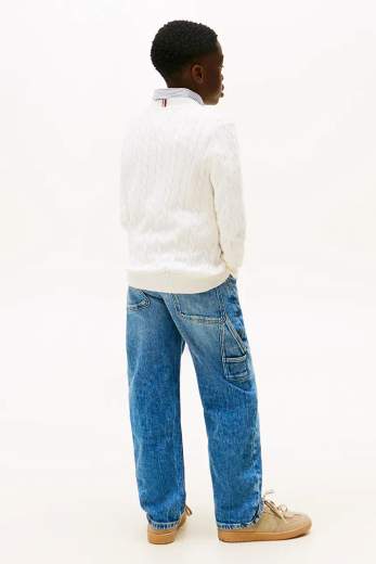 Tommy Hilfiger Bambino Maglione In Cotone Con Tessuto Intrecciato E Logo Blu.