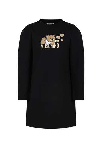 Moschino Bambina Abito In Felpa Per Bambina Stampa Teddy E Logo Oro.