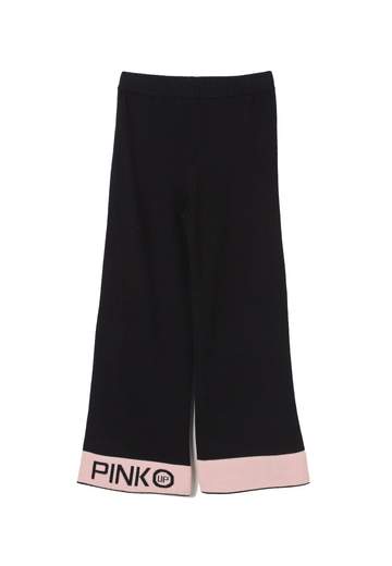 Pinko Bambina Pantalone Per Bambina Nero Modello A Trombetta Con Fascia Rosa Con Logo.