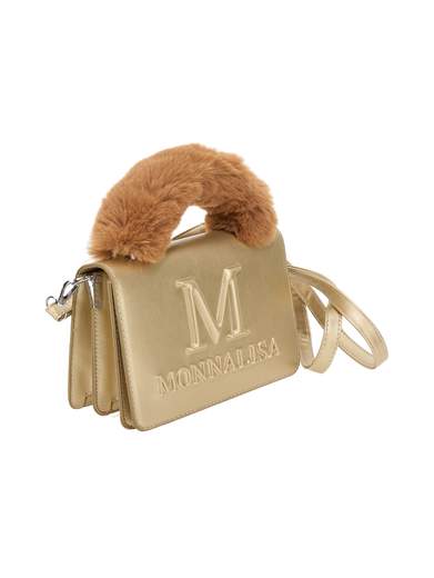 Monnalisa Bambina Borsa In Ecopelle Oro Con Logo,manico In Ecopelliccia.