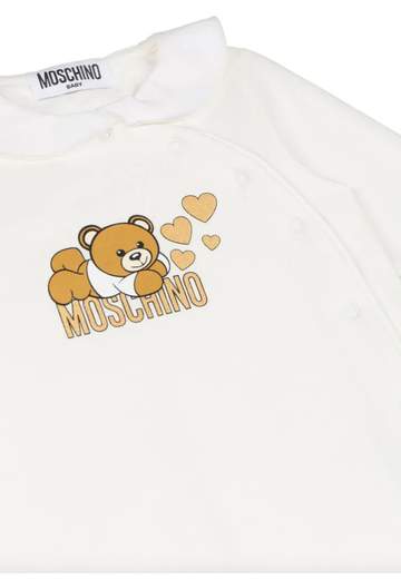 Moschino Neonata Tutina Con Voilant Al Colletto Stampa Teddy E Cuori.