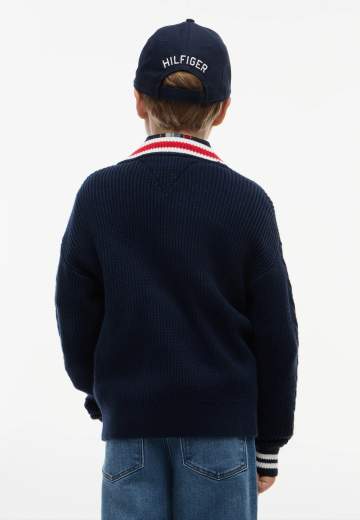 Tommy Hilfiger Bambino Cardigan Blu Con Bordo Panna E Rosso