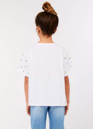 Liu-jo Bambina T-shirt Bianca Maniche Con Borchie.