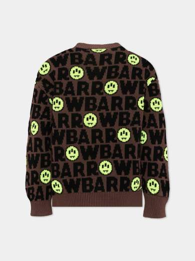 Barrow Bambino Maglione In Lana Marrone Logo E Smile Allover