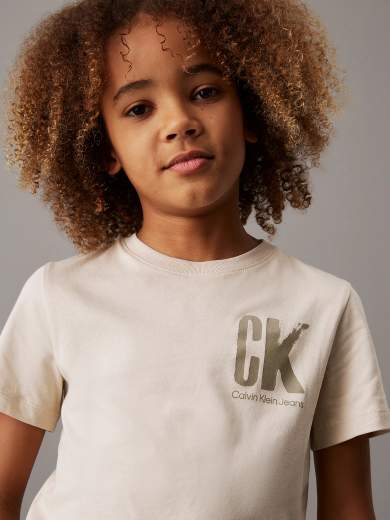 Calvin Klein Bambino T-shirt Bianca Per Ragazzo Con Stampa Logo Verde.