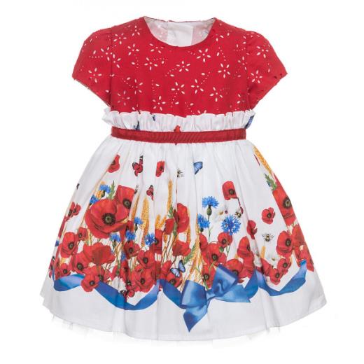 Monnalisa Bambina Abito Stampa Papaveri Con Corpetto Laserato Rosso