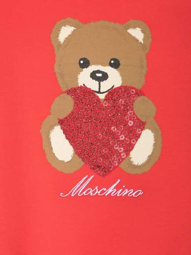 Moschino Bambina Felpa Per Bambina,stampa Teddy Con Con Cuore In Paillettes Rosse.