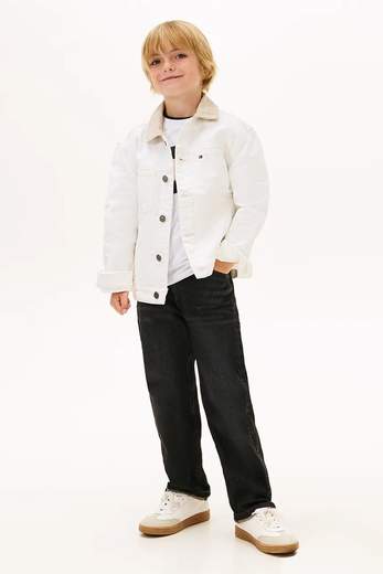Tommy Hilfiger Bambino Giubbino In Jeans Bianco Con Colletto Beige Bandiera Posteriore.