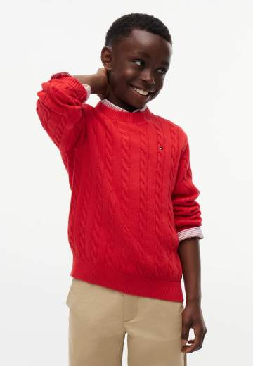Tommy Hilfiger Bambino Maglione In Cotone Caldo Tessuto A Trecce.