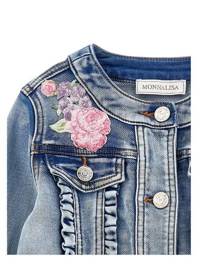 Monnalisa Bambina Giubbino In Jeans Con Rose Applicate.