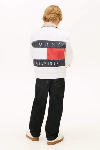 Tommy Hilfiger Bambino Giubbino In Jeans Bianco Con Colletto Beige Bandiera Posteriore.