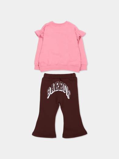 Barrow Bambina Tuta Per Neonata Felpa Rosa Con Stampa Teddy E Logo,pantalone A Zampa Marrone