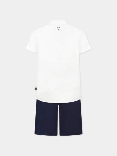 Trussardi Bambino Completo Con Camicia In Lino Con Collo Alla Coreana,e Bermuda Blu.