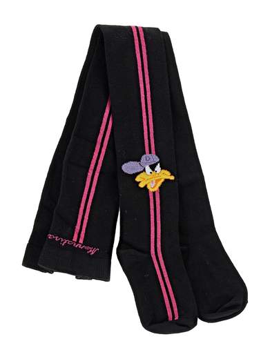Monnalisa Bambina Collant Nero In Caldo Cotone Con Riga Fucsia.