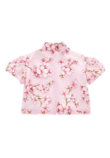 Monnalisa Bambina Camicia Con Tasche Popeline,stampa Fiori Di Pesco.
